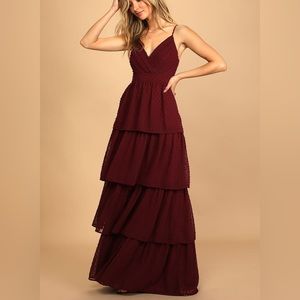 Love Stays True Burgundy Swiss Dot Tiered Maxi Dress